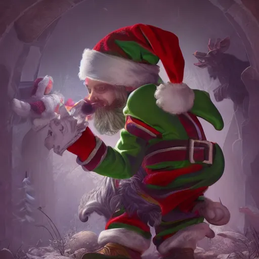 Prompt: nightmarish mix of santa and easter bunny, mystical, volumetric lighting, super detailed intricate, in the style of Filipe Pagliuso on Artstation
