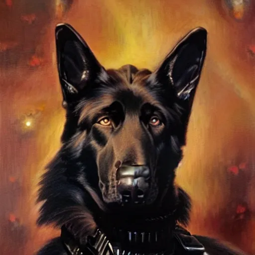 Image similar to a portrait of black german shepherd beast - man, star trek the next generation. highly detailed painting by gaston bussiere, craig mullins, j. c. leyendecker
