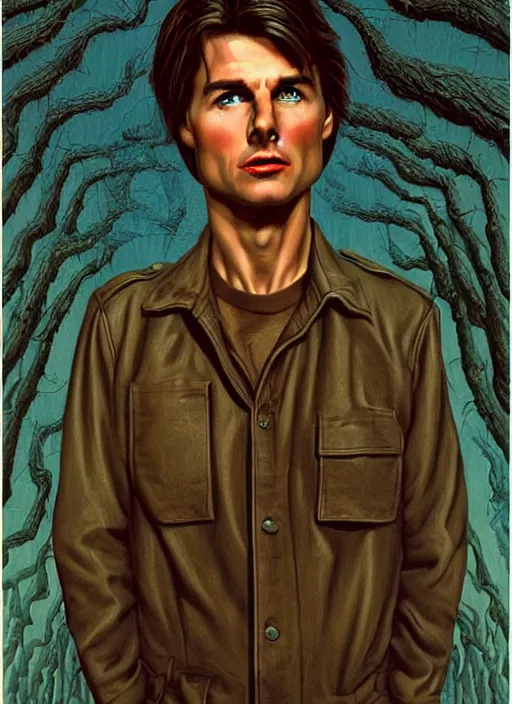 Image similar to small innocent tom cruise, evil beings loom above him, they reach into his mind, twin peaks poster art, from scene from twin peaks, by michael whelan, artgerm, retro, nostalgic, old fashioned, 1 9 8 0 s teen horror novel cover, book