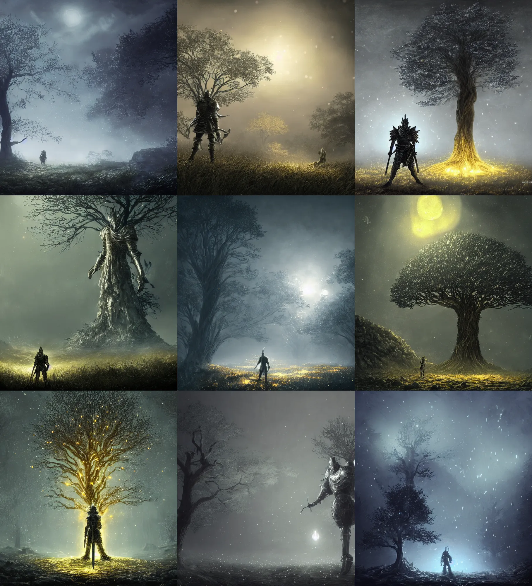 Prompt: a silvered armored knight standing in front of a robust golden glowing tree, in the middle of a magic, foggy landscape full of fireflies, in the style of Kentaro Miura, digital art, trending on artstation, Dark Souls style, highly detailed, cinematic ambient lighting