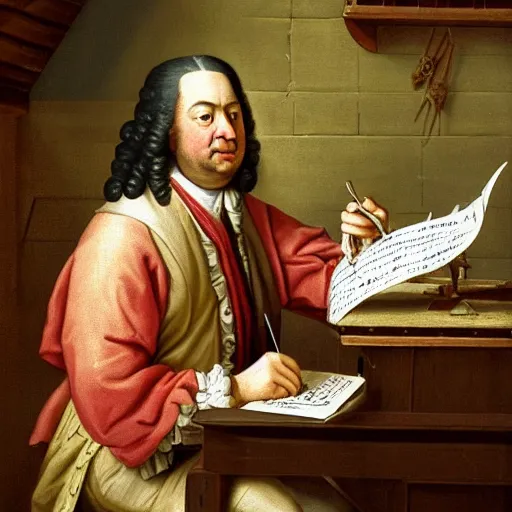 Image similar to highly detailed painting of bach writing a piece of music on a sheet of paper, he is inside of a wooden shack, 4 k resolution, by jaquis luis david, visible paint layers, renaissance.