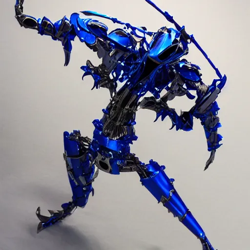 Image similar to shark themed sapphire mechanical exoskeleton wearing hardsurface armour, inlaid with gold rococo, bladed wings lace wear, sculpted spider zero, frank gehry, stephan martiniere, missle turrets, hyper detailed, custom mecha # frank gehry # spider zero