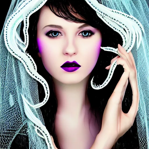 Image similar to Cthlulu lovecraftian eldritch profile pic, lace veil, magazine photoshoot, tentacles, glow galaxy background,