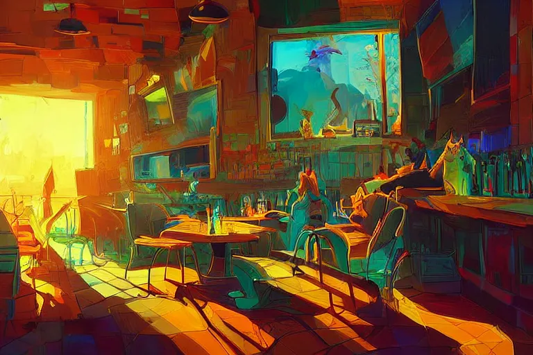 Image similar to a digital art of a cat sits on a chair in a bar in the afternoon, the sun shines in, animal, light effect, highly detailed, warm and delightful, by anton fadeev