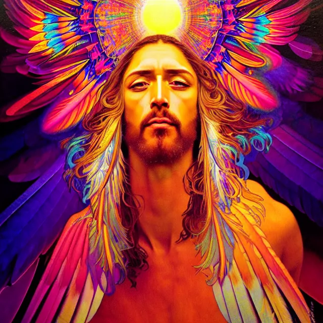 Image similar to face of jesus psychedelic transcendent feather mind bending psychedelic wings of glossy liquid honey flowing like kaleidoscopic translucent holograph, lsd feathers, feathery fluff, enlightenment, high contrast dappled lighting, refracted sunset, highly detailed, concept art, art by collier, albert aublet, krenz cushart, artem demura, alphonse mucha