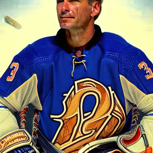 Image similar to beautiful portrait of hockey coach Clint Malarchuk, fantasy, intricate, elegant, highly detailed, digital painting, artstation, concept art, smooth, sharp focus, luxury fashion illustration, art by artgerm and greg rutkowski and alphonse mucha, brightly lit cinematic soft lighting, photorealistic