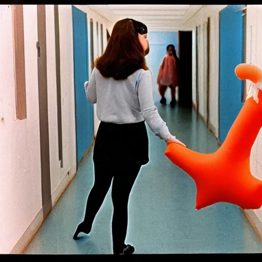 Prompt: teenage girl holds hands with inflatable toy boyfriend at high school, 1978 color Fellini film, in school hallway, dirty walls, archival footage, technicolor film, 16mm, live action, John Waters