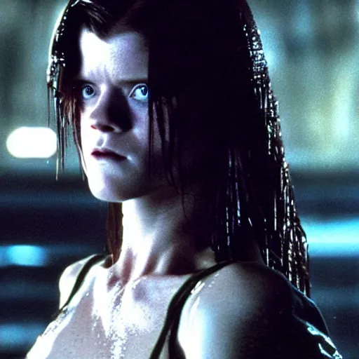 Prompt: rose leslie with long wet hair in blade runner by ridley scott, medium shot, dripping water, sexy black shorts, wearing black boots, wearing a cropped top, 4 k quality, highly detailed, realistic, intense, cyberpunk