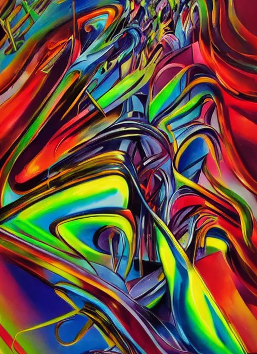 Prompt: A surreal neon painting of Zaha hadid abstract 3d melting cityscape made of molten glass and futuristic picasso rooms by hr giger and Vladimir kush and dali and kandinsky, 3d, face, dripping, melting, intricate, complimentary colors, vivid neon colors, aesthetically pleasing composition, masterpiece, 4k, 8k, ultra realistic, super realistic,