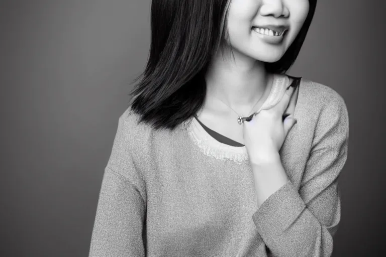 Image similar to still photo of a beautiful asian woman smiling at the camera on the street, black and white color aesthetic, highly detailed, photorealistic portrait, bright studio setting, studio lighting, crisp quality and light reflections, unreal engine 5 quality render