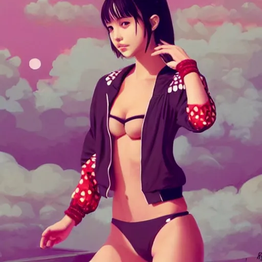 Image similar to a beautiful young japanese natalie portman alluring gravure model, stylized concept art, wearing elegant designer bomber jacket and one piece bikini, bomber jacket with mesoamerican patterns, mesoamerican native street fashion, princess mononoke, painted by ilya kuvshinov aesthetic, gorgeous, stunning, alluring, attractive, artstation, pinterest, digital art