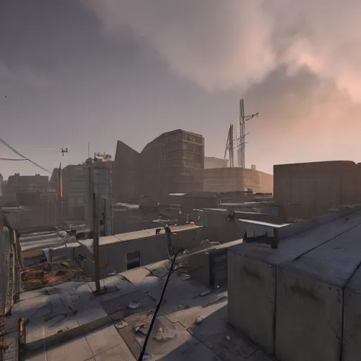 Image similar to a Half life level, from the 1998 PC game Half life in the Dead, brutalist architecture, stunning volumetric light, sunset, metal, concrete and translucent material, stunning skies, majestic landscape, trending on Artstation, 8k, photorealistic, hyper detailed, unreal engine 5, IMAX quality, cinematic, epic lighting, in the style of Moby Francke