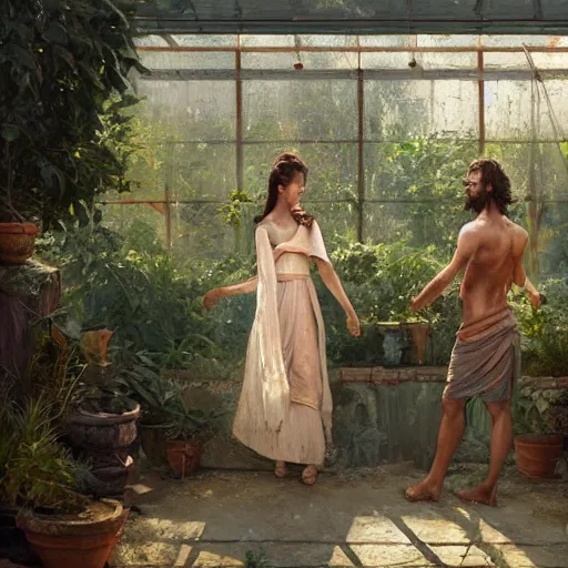 Image similar to Couple at a greenhouse in Ancient Greek | painting by Greg Rutkowski | trending on artstation | 8k | HD