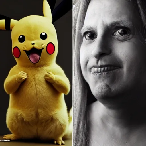 Image similar to pikachu from pokemon as a real human, portrait photography by annie leibovitz