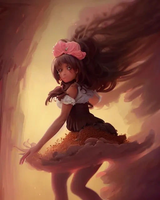 Image similar to a ( ( girl as personification of chocolate cupcake ) ), beauty, fantasy bakery, digital painting by krenz cushart, greg rutkowski, artgerm, laurie greasly, wlop, intricate, highly detailed!!, sharp focus, smooth, epic composition, joyful, unreal engine, masterpiece, 8 k, interesting background