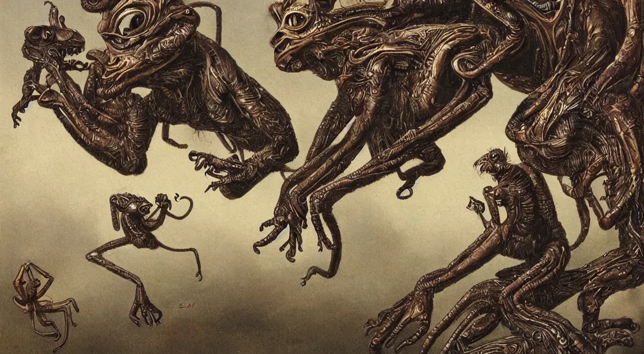 Prompt: an intricate mix of a monkey an ant and an alien monster, by the most renowned artist of the romanticism, hiperdetailed