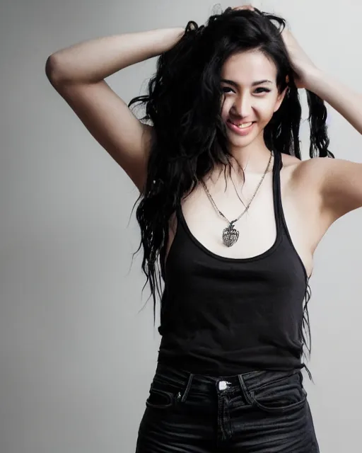Prompt: a half body photo of a beautiful Young female with long disheveled black hair, beautiful and smiling, sweet looks, white skin and reflective eyes, black tank top, black leather shiny jeans, an ankh necklace white colors in the background, 500px photos, top cinematic lighting , cinematic mood, very detailed, shot in canon 50mm f/1.2
