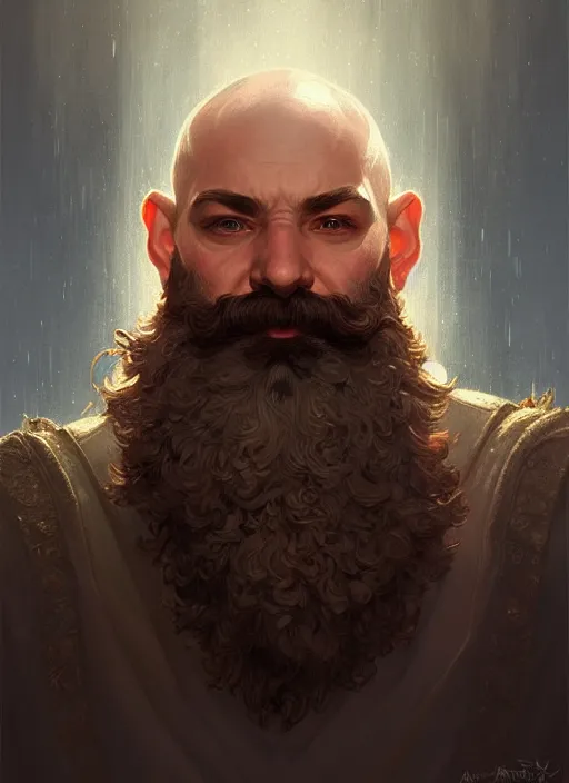 Image similar to symmetry!! portrait of a dnd dwarf no hair and big bushy beard, intricate, elegant, highly detailed, digital painting, artstation, concept art, smooth, sharp focus, illustration, art by artgerm and greg rutkowski and alphonse mucha