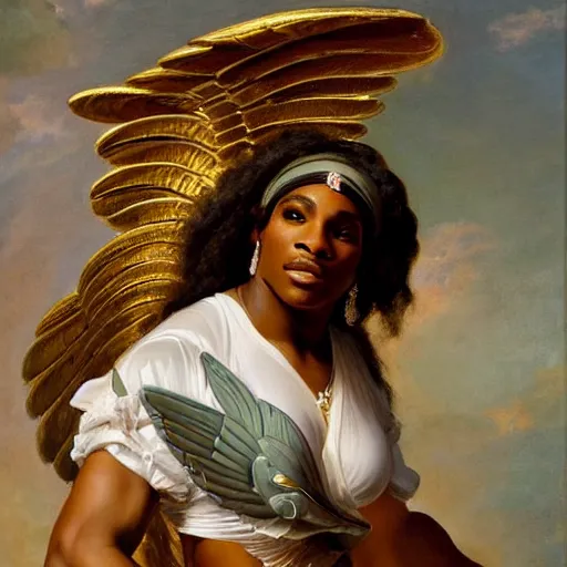 Image similar to Portrait of Serena Williams as Nike Goddess, large wings, luxuriant, dreamy, eternity, romantic, strong pose, highly detailed, in the style of Franz Xaver Winterhalter, highly detailed, in the style of Aetherpunk