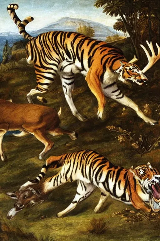 Image similar to the giant tiger hunting a deer, fantasy, renaissance