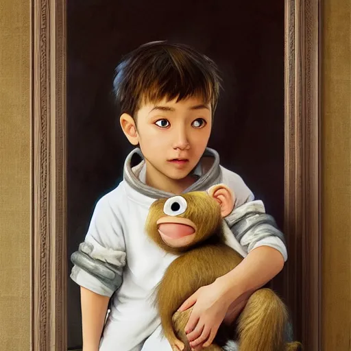 Image similar to young boy wearing white fabric pajama with cartoon paintings on it standing infront of a small furry smiling monkey. highly detailed, digital painting, artstation, concept art, smooth and sharp focus, cg by tian zi and wlop and alphonse mucha