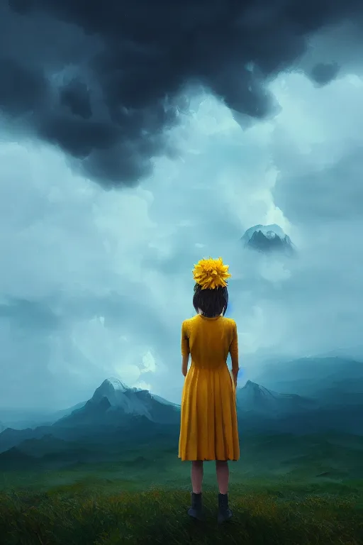 Image similar to closeup girl with giant yellow dahlia flower face, standing on mountain, surreal photography, blue storm clouds, dramatic light, impressionist painting, digital painting, artstation, simon stalenhag