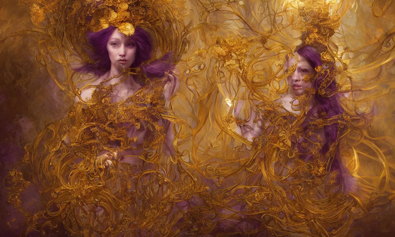 Prompt: breathtaking detailed soft painting of a sorceres queen with fire amethyst cloak and golden ribbons, art nouveau golden flowers and ribbons floating around, rembrandt style, hyper detailed fire stained glass windows, volumetric lighting, concept art, one person centered, matte, sharp focus by Tom Bagshaw, Artgem and Richard Kane Ferguson