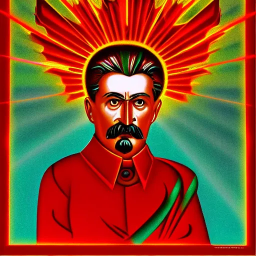 Prompt: the icon of stalin, with halo of fire, scary orthodox icon in hellish style, scary color art in 4 k