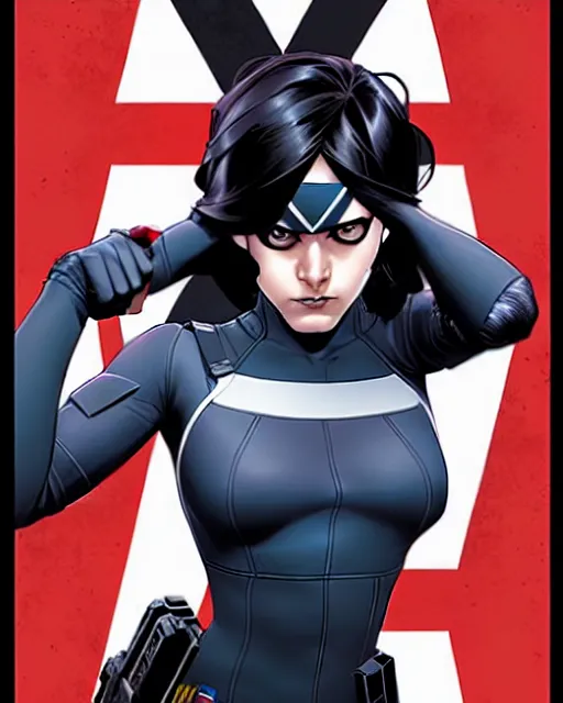 Image similar to phil noto comicbook cover art, artgerm, female domino marvel, black spot right eye, symmetrical eyes, long red hair, full body, city rooftop