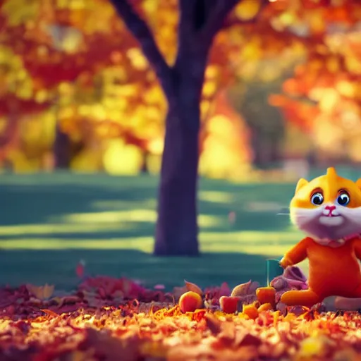 Image similar to cute adorable happy cat playing in the park in autumn, pixar style, disney style, tilt shift, octane render, cgsociety