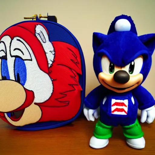 Prompt: a backpack embroidery Barack Obama sonic the hedgehog super Mario