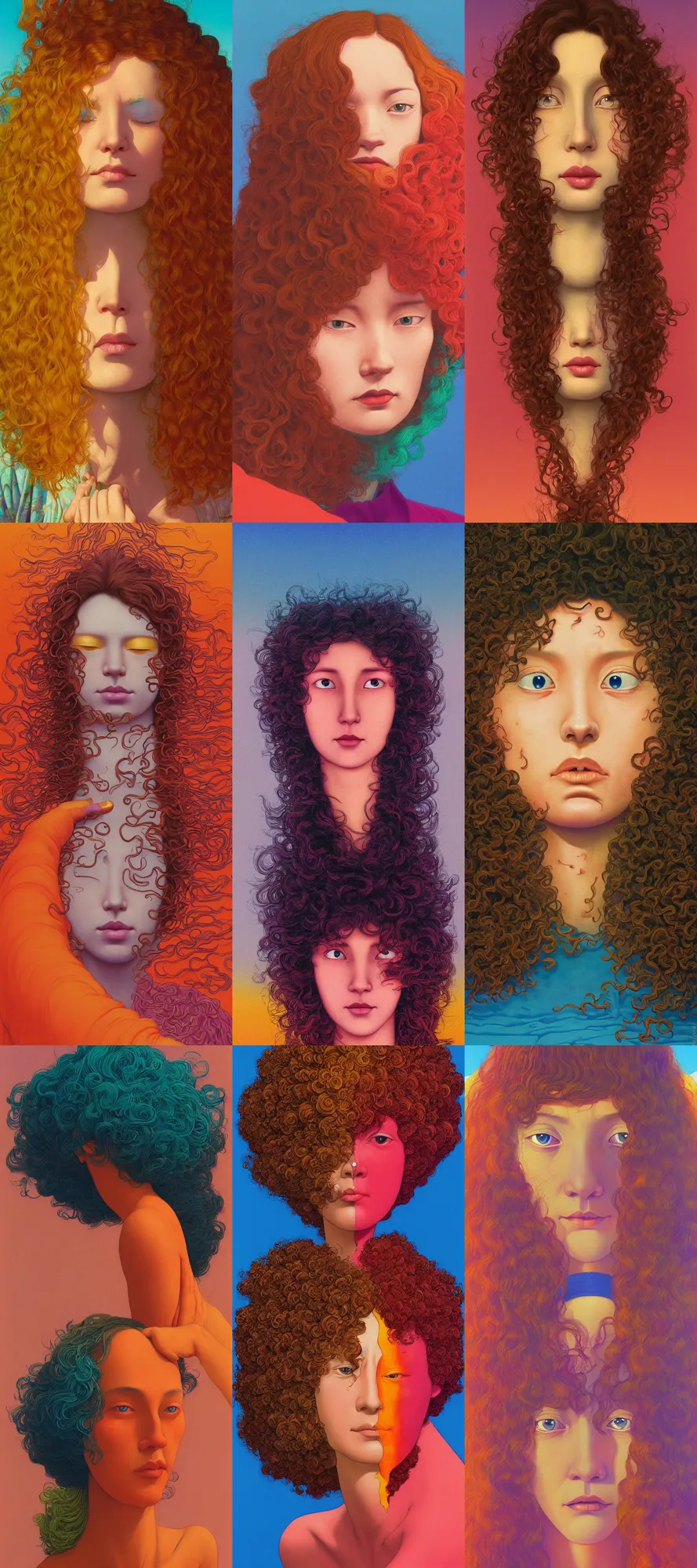 Prompt: a colorful vibrant closeup portrait of a simple caucasian woman with curly mid length brown hair with a fearful aesthetic face and dreaming psychedelic hair, by kawase hasui, moebius, edward hopper and james gilleard, zdzislaw beksinski, steven outram colorful flat surreal design, hd, 8 k, artstation