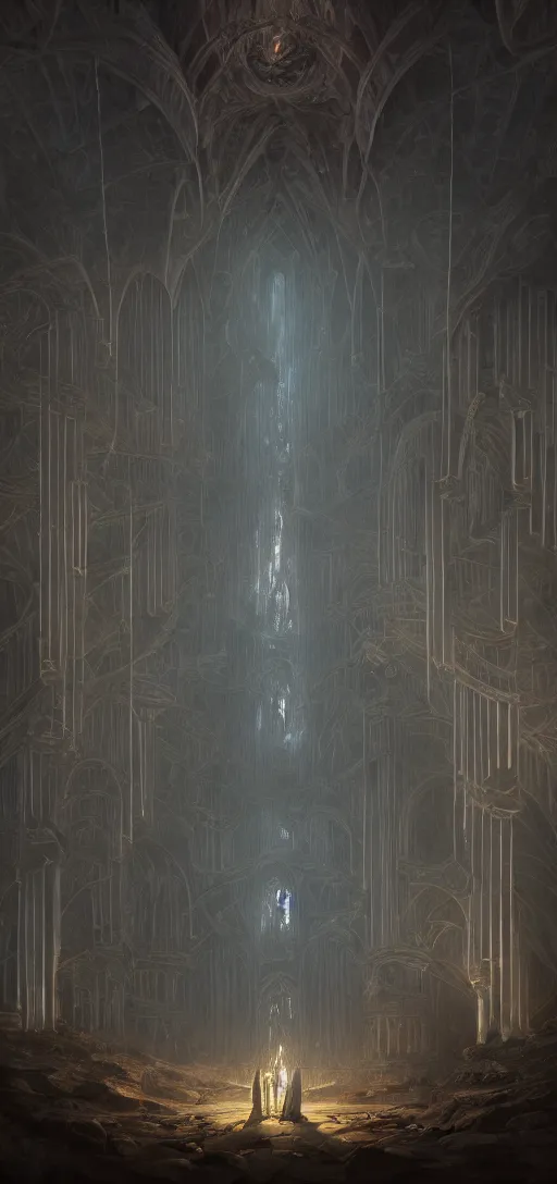 Image similar to pipe organ in an sunken cathedral, obsidian walls with silver trim, smoke, fog, unearthly light, by peter mohrbacher dan mumford craig mullins nekro, cgsociety, pixiv, volumetric light, 3 d render, smoke, dark fog, sunset colors