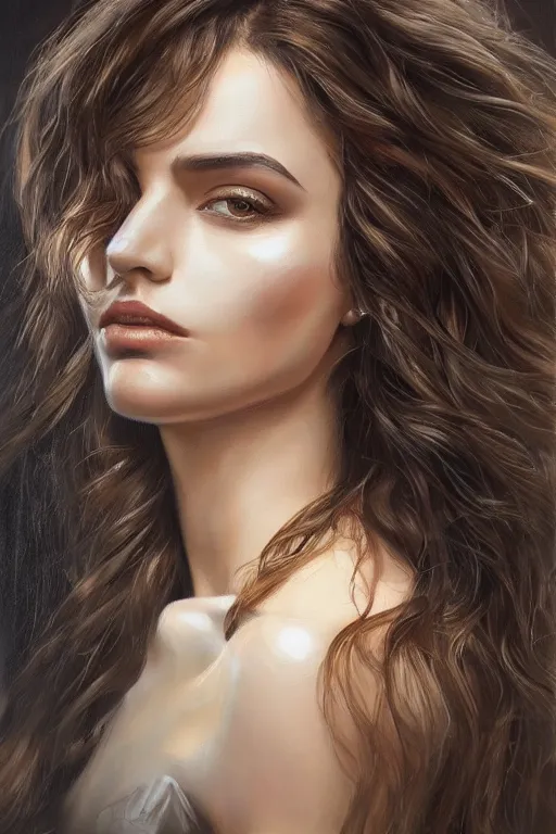 Image similar to beautiful portrait face centre oil on canvas of brunette with wavy hair Ebru Şahin, Reyyan, intricate, elegant, highly detailed, artstation, concept art, sharp focus, art by Alina Ivanchenko, Rob Ross, WLUP, artgerm