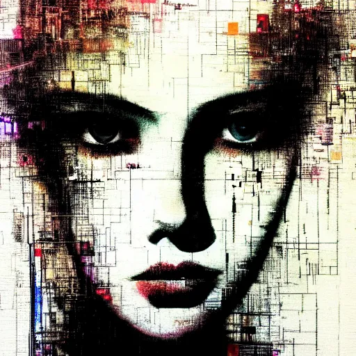 Prompt: portrait of a youthful beautiful women, mysterious, glitch effects over the eyes, bright eyes, fading, by Guy Denning, by Johannes Itten, by Russ Mills, centered, glitch art, polished, digital tech effects, clear skin, hacking effects, chromatic, cyberpunk, color blocking, digital art, concept art, abstract