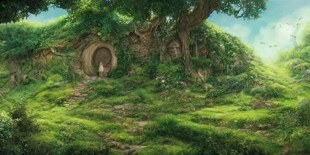 Image similar to lush and beautiful concept art for the shire, lord of the rings, peter jackson, studio ghibli, detailed,