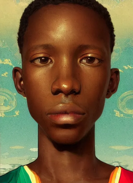 Prompt: colourful upper half portrait of an african boy with proportions in the style of jan op de beeck - presented in magazine collage style, art by hsiao - ron cheng & alphonse mucha, magazine collage, highly detailed, caricature, digital painting, concept art, ray tracing, illustration, smooth, sharp focus, intricate, symmetry, pinterest, behance, artstation