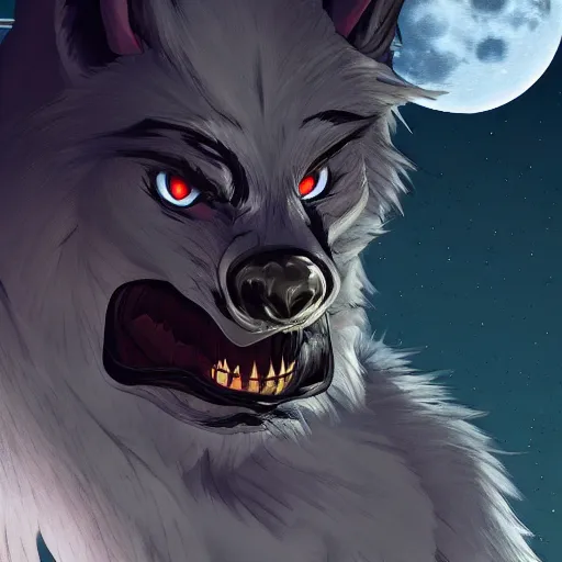 Image similar to male werewolf at night with black realistic fur, under the moon, ultra detail, anime style, 8 k