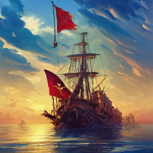 Prompt: a large pirate ship floating on top of a body of water, pirates flag , cgsociety, fantasy art, 2d game art, concept art , ambient occlusion, behance hd , concept art by Jesper Ejsing, by RHADS, Makoto Shinkai Cyril Rolando