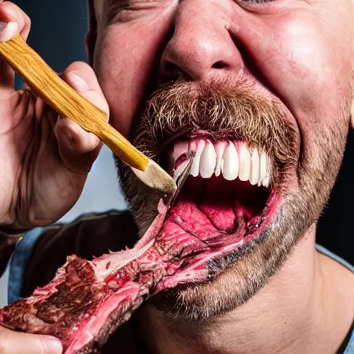 Image similar to man with whole tomahawk steak stuck between his teeth stock photo