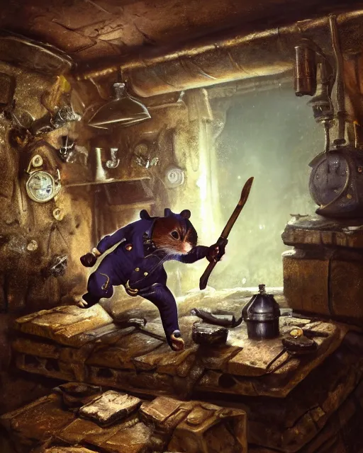 Image similar to oil painting of anthropomorphized hamster hitting floor with pickaxe, steampunk clothes, close shot, full body, dark steampunk mine shaft background, sharp focus, fantasy style, octane render, volumetric lighting, 8k high definition, by greg rutkowski, highly detailed, trending on art Station, dungeons and dragons artwork, centered