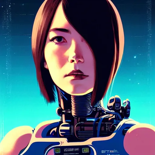 Image similar to side portrait scifi cyborg girl with robotic parts and spacesuit | | head only in center of image, audrey plaza, fine detail!! anime!! realistic shaded lighting!! poster by ilya kuvshinov katsuhiro otomo ghost - in - the - shell, magali villeneuve, artgerm, jeremy lipkin and michael garmash and rob rey