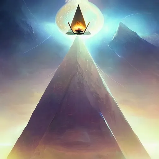 Image similar to ultradetailed pyramid structure emitting an energy beam into the atmosphere to terraform planet by peter mohrbacher and emmanuel shiu and martin johnson heade and bastien lecouffe - deharme