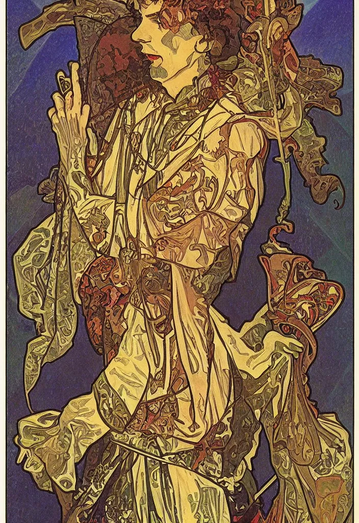 Image similar to Jurgen Schmidhuber as the Devil on a tarot card, tarot major arcana in art style by Alphonse Mucha