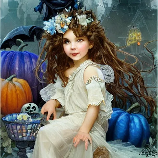 Image similar to a cute happy little girl with light brown wavy curly hair and blue eyes sitting amidst piles of halloween decorations. beautiful cute highly detailed face. halloween themed painting by artgerm and greg rutkowski and alphonse mucha.