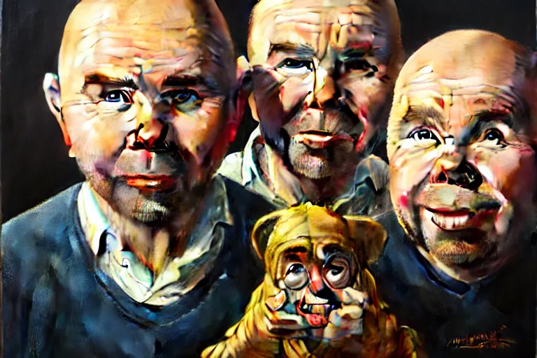 Image similar to oil portrait of karl pilkington and warwick davis. oil painting, highly detailed, centered, artstation, concept art, smooth, sharp focus, illustration, artgerm, vermeer, hans peter mohrbacher, donato giancola, joseph christian leyendecker, drew struzan