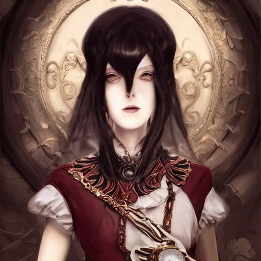 Image similar to portrait of alice, alice madness returns, baroque style, elegant, beautiful, mesmerizing, concept art, fancy clothing, highly detailed, artstation, behance, deviantart, inspired by innocent manga, inspired by castlevania concept art, trending, ayami kojima, shinichi sakamoto