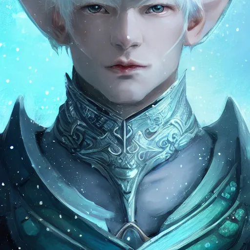 Prompt: portrait of a handsome male snow elf in a turquoise cape and silver ornate armour as an archer, albino skin, winter vibes, perfect face, full face, elegant, very coherent symmetrical artwork, atmospheric lighting, rule of thirds, by wenjun lin, krenz cushart, charlie bowater, trending on artstation