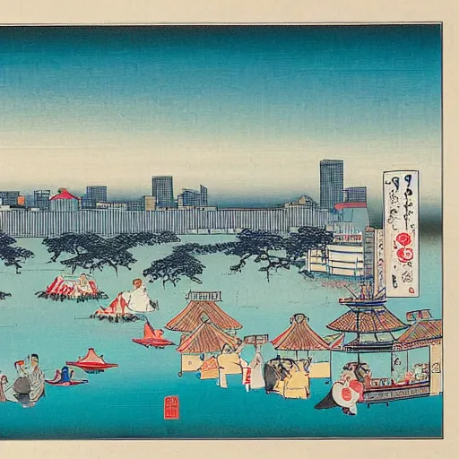 Image similar to ukiyo - e painting of the skyline of singapore hdb