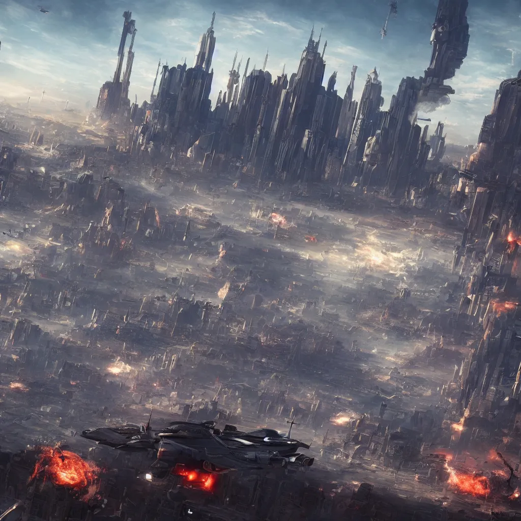 Image similar to [six giant futuristic scifi-bombers] in the center, [a baroque cyberpunk city skyline in the background], [explosions and fire]